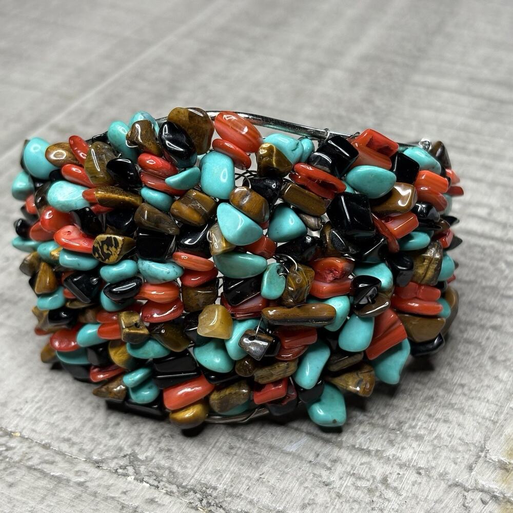 Handmade Natural Stone Cuff Bracelet Wire Wrapped Southwestern Unique
